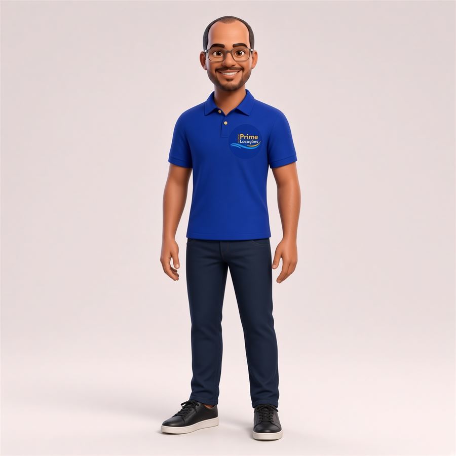 Atendente da Prime Locações com camisa polo azul da marca