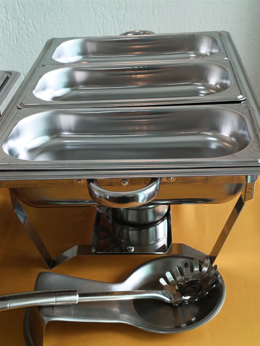 Aluguel de réchaud de inox com 3 cubas para servir alimentos em eventos
