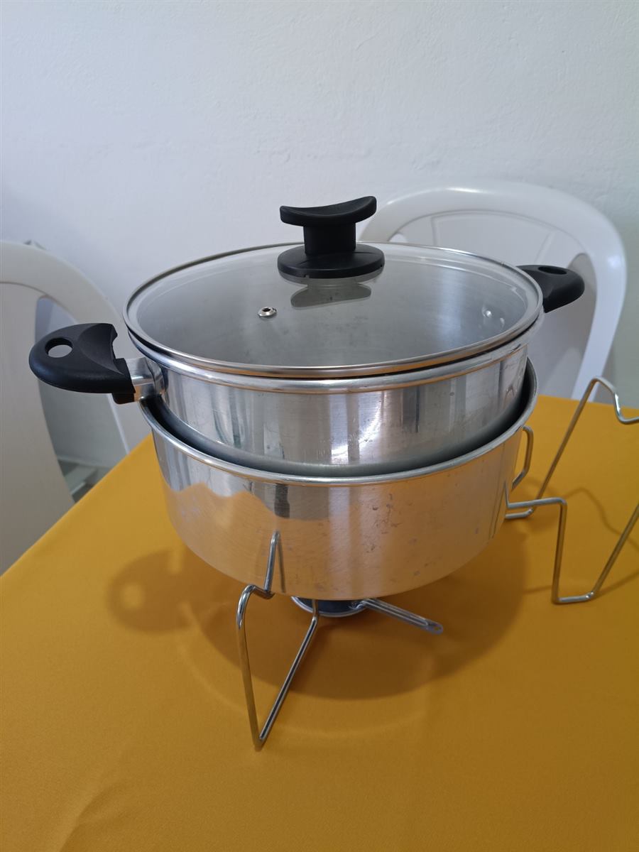 Réchaud redondo de inox com tampa de vidro